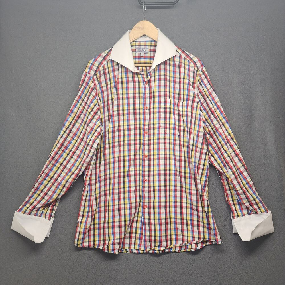 Stefano Mens L Shirt Long Sleeve Button Down French Cuff Multicolor Check Plaid